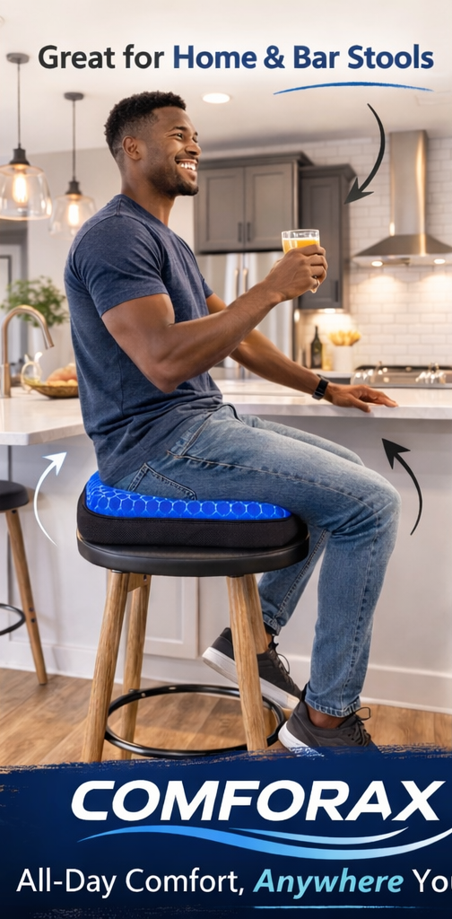 Customer using Comforax gel cushion on a bar stool