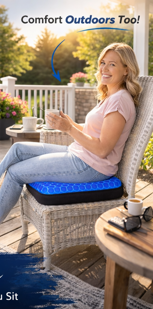 Customer using Comforax gel cushion on a porch chair