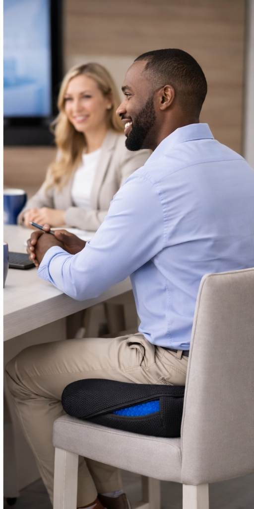 Customer using the gel cushion in a meeting room