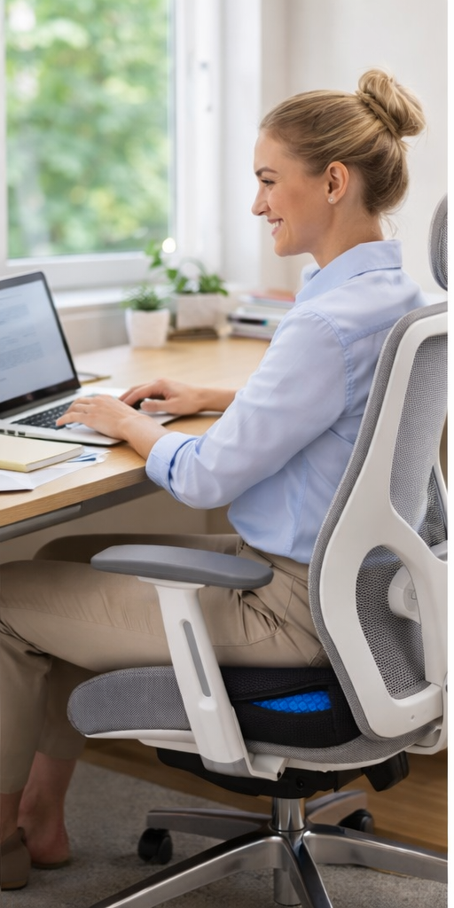 Customer using the gel cushion at an office desk