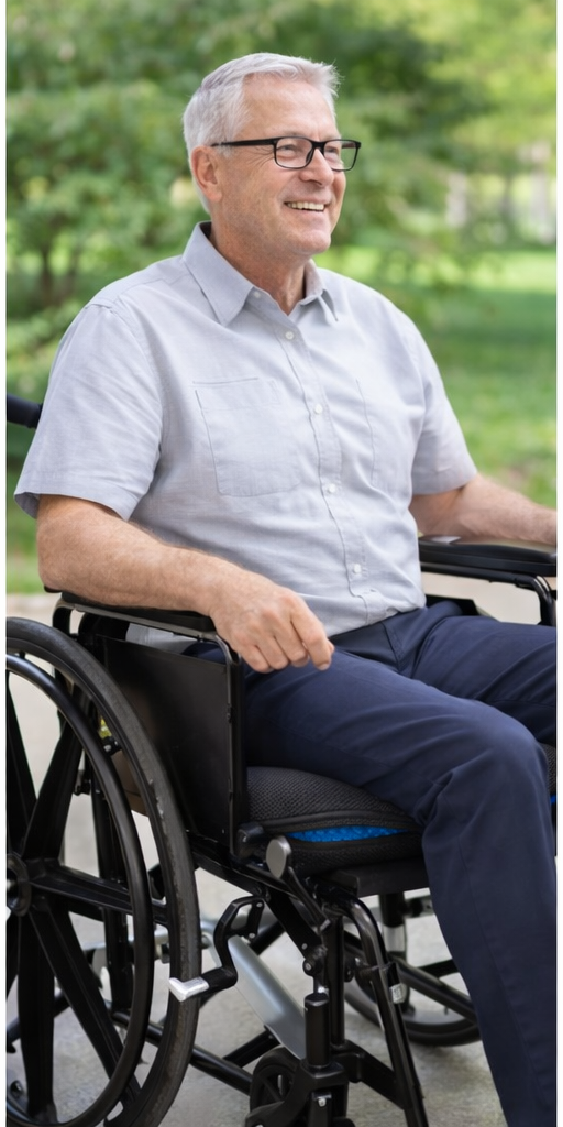 Customer using the gel cushion in a wheelchair